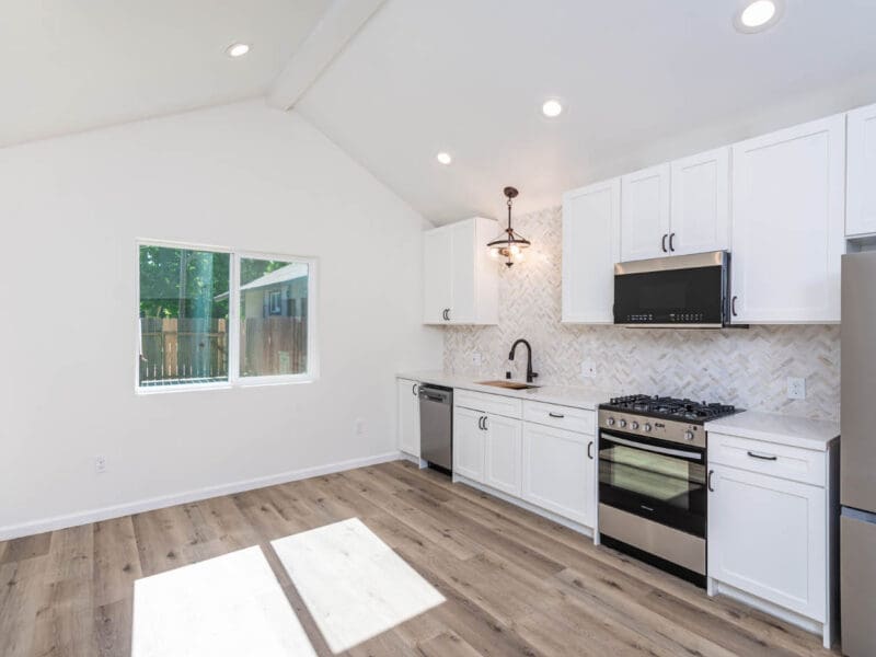 interior garage conversion with small kitchen